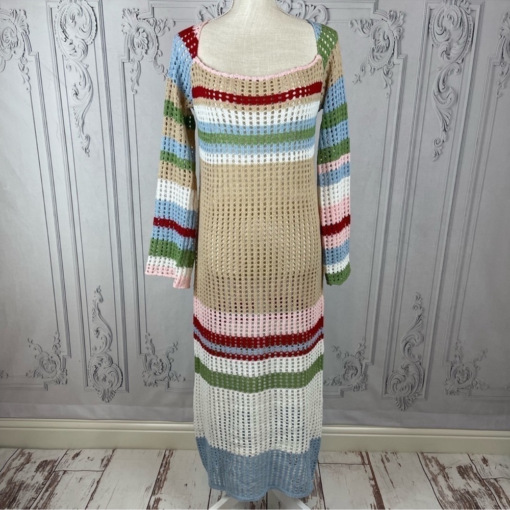 Casual Bohemian Crochet Long Sleeves Color Block Swimsuit Coverup Midi Dress - Picture 4 of 7